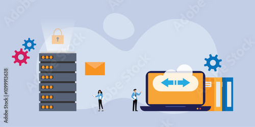 Data Management and Cybersecurity Concept - Cloud Storage, Server Protection, and File Sharing 2d flat vector illustrations