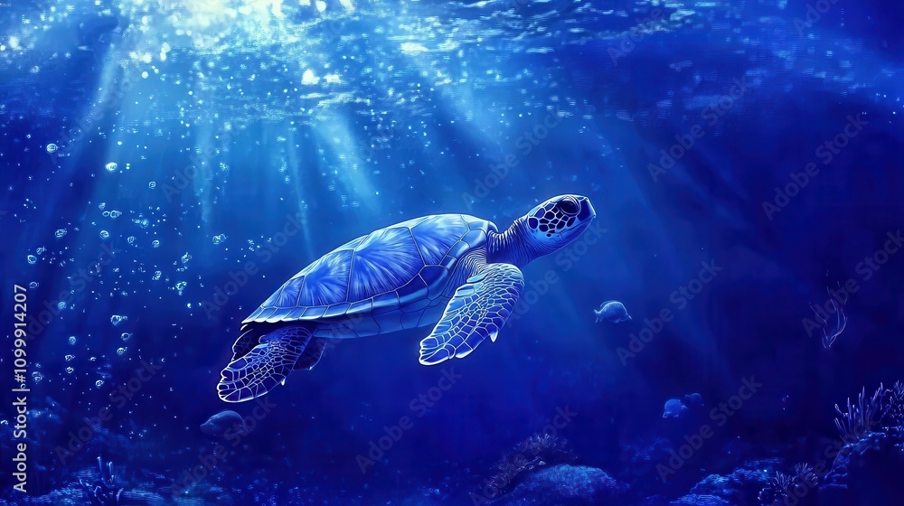 Fototapeta premium A turtle swimming in the ocean with sunlight shining on it