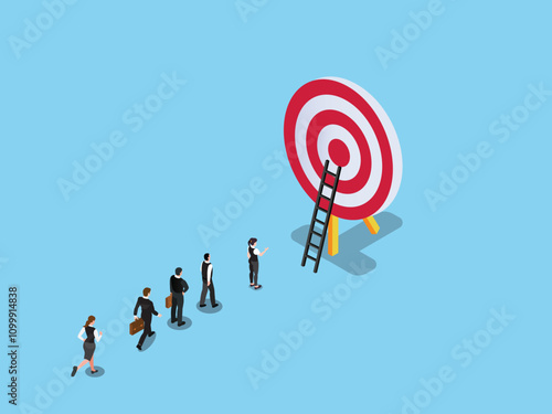 Teamwork Towards Achieving Goals with Target and Ladder 3d isometric vector illustration