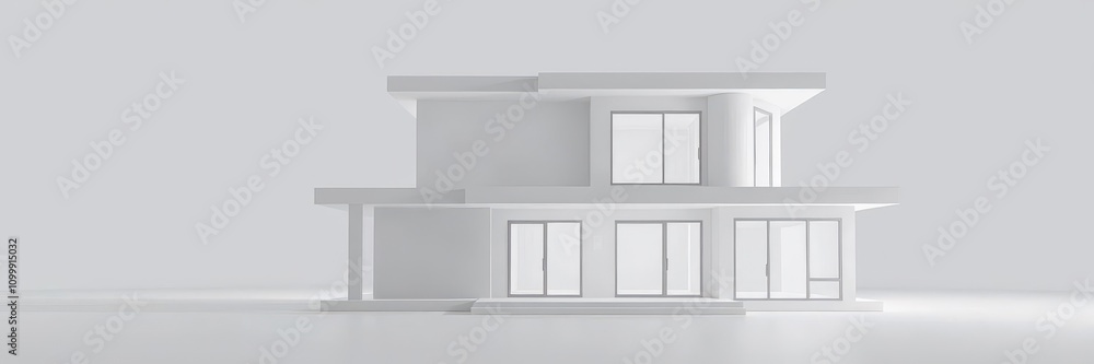 Fototapeta premium Futuristic 3D digital rendering of a modern house with clean geometric lines and large windows, modern, 3D