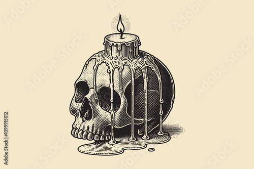 Burning candle on a skull in vintage engraving style. print, tattoo sketch, cut out, isolated