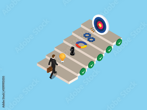 Businessman Climbing Steps Toward Target: Path to Success and Goal Achievement 3d isometric vector illustration