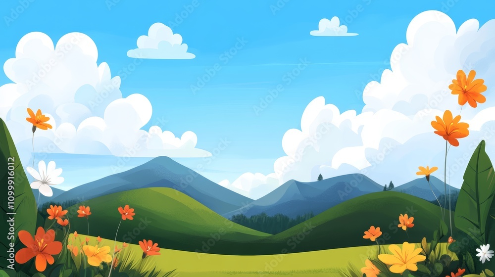 Fototapeta premium Colorful flowers bloom in a vibrant landscape against a bright blue sky with fluffy clouds and rolling hills in the background