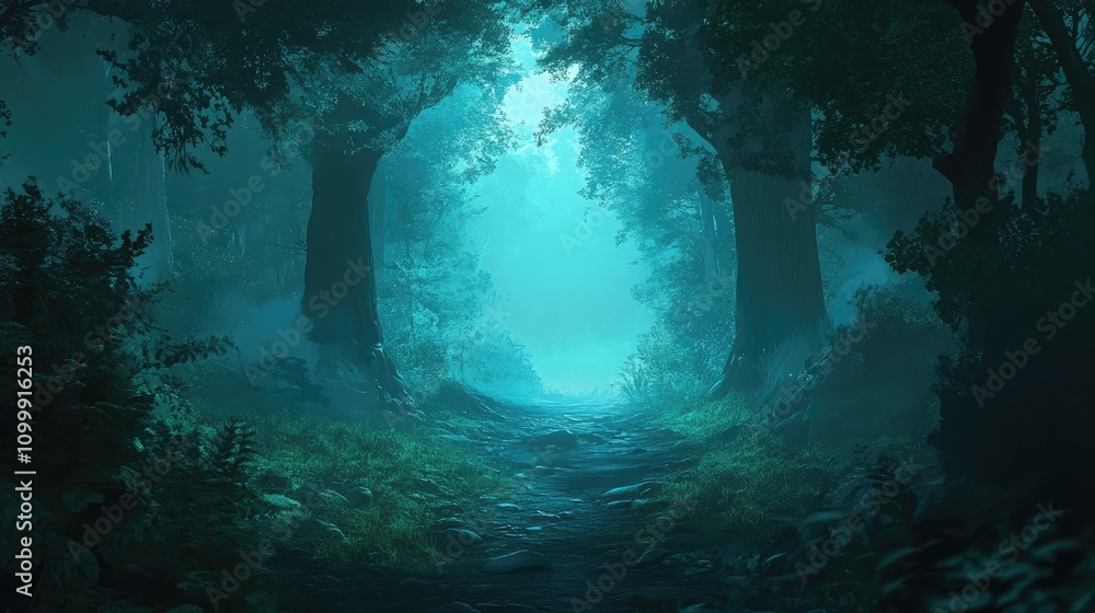 Obraz premium Path through a dark forest leading to a bright clearing, symbolizing hope