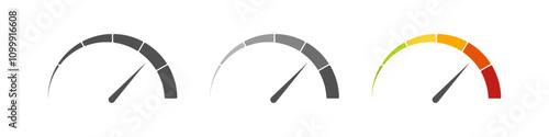 Score meter. Speedometer gauge indicator. Energy efficiency and consumer satisfaction rate measure UI. Indication lines. Dial with arrows and scale. Vector effectiveness graphs set