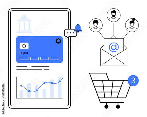 Mobile banking interface with card and graph, chat notification, email with user icons, and shopping cart with three items. Ideal for finance, communication, e-commerce, marketing, technology online