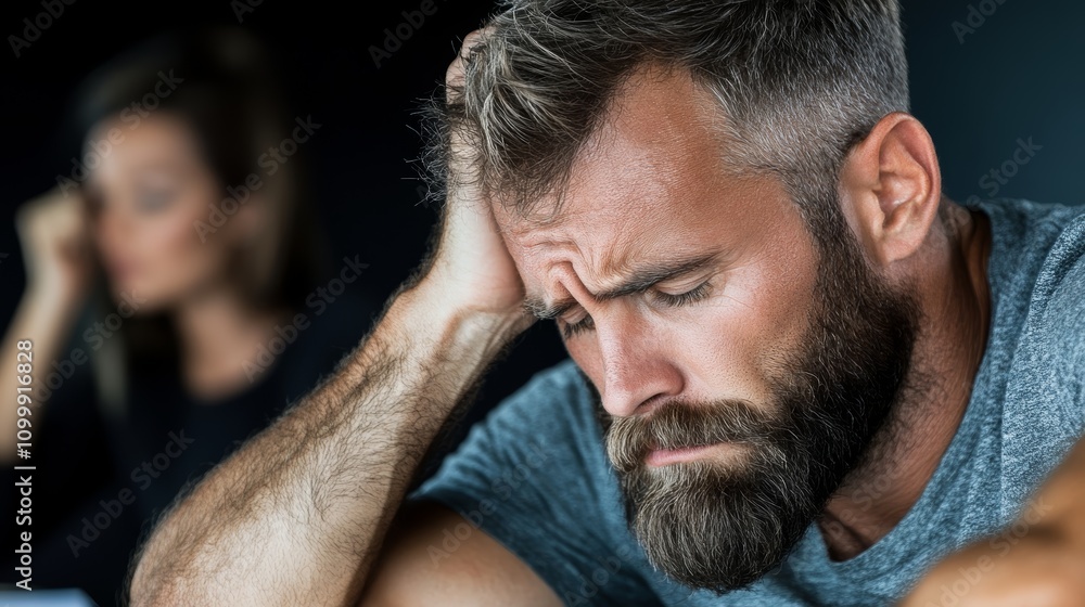 Fototapeta premium Bearded man in sharp focus with a woman subtly blurred in the background, creating sense of depth and intrigue