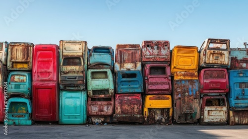 Vibrant Collection of Stacked Old Truck Bodies in Various Colors photo