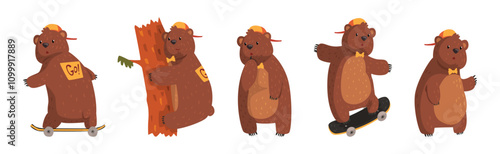 Funny Bear Woodland Character Engaged in Different Activity Vector Set