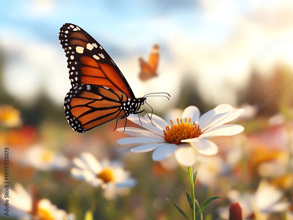 Obraz premium A butterfly landing delicately on a wildflower in a sunny meadow