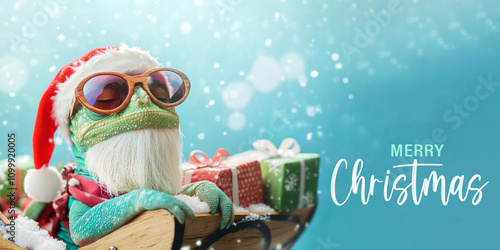 Fototapeta Naklejka Na Ścianę i Meble -  Merry Christmas concept holiday vacation winter funny animal pet greeting card with text - Cool chameleon with sunglasses and santa claus hat sitting in a wooden sleigh, isolated on blue background