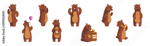Funny Bear Woodland Character Engaged in Different Activity Vector Set