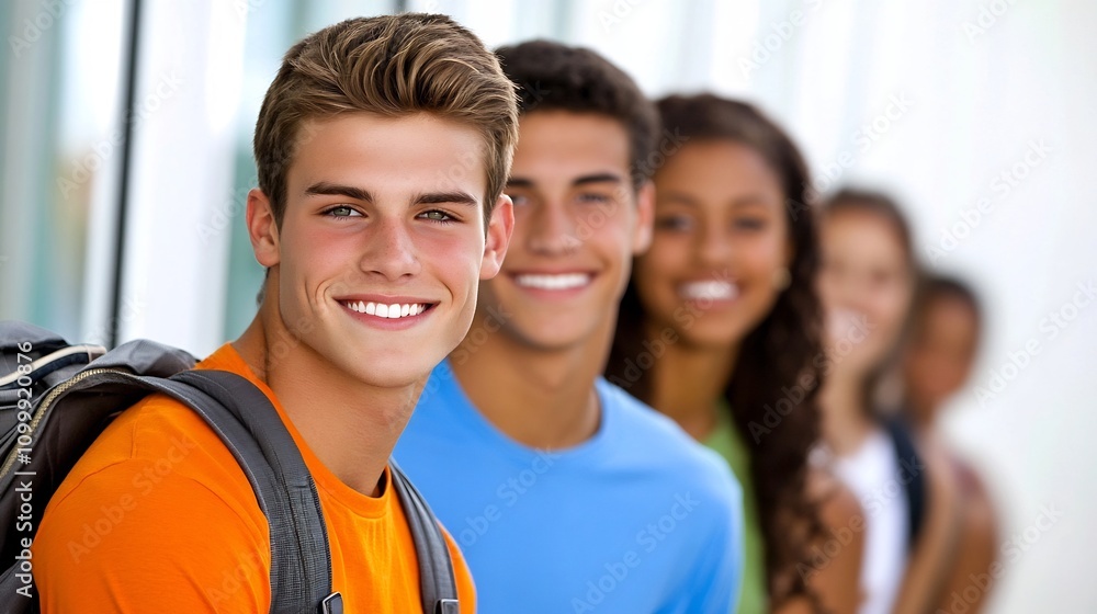 Fototapeta premium Smiling Group of Diverse College Students Walking Together on Campus