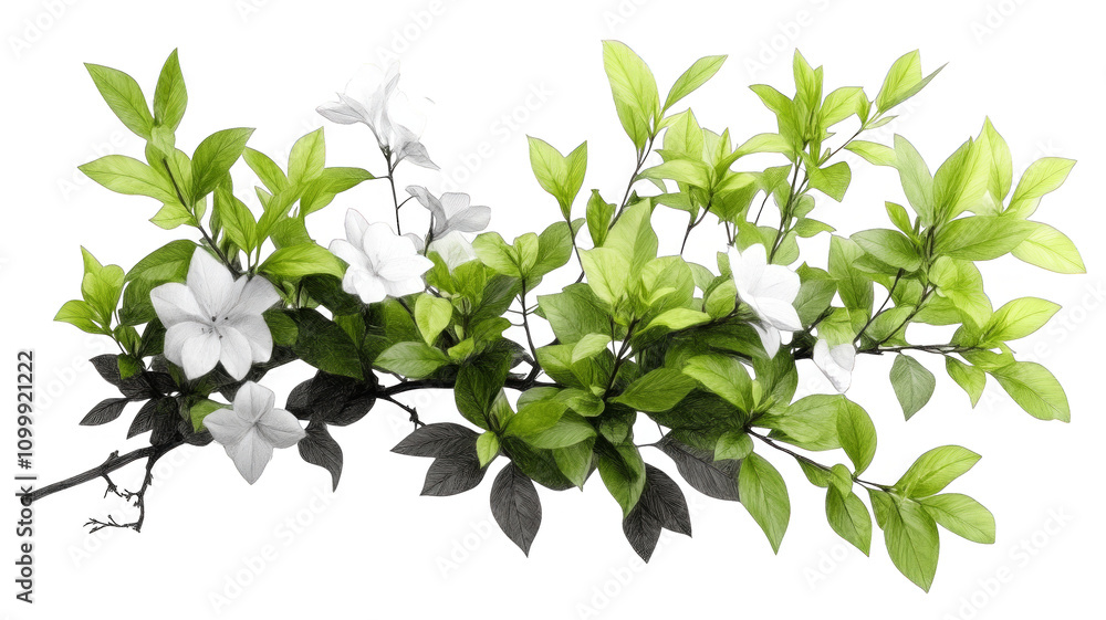 Obraz premium vibrant cluster of green leaves and white flowers creates fresh and natural look. delicate petals and lush foliage evoke sense of tranquility and beauty