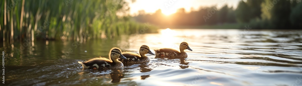 A family of ducks swimming in a calm pond surrounded by reeds