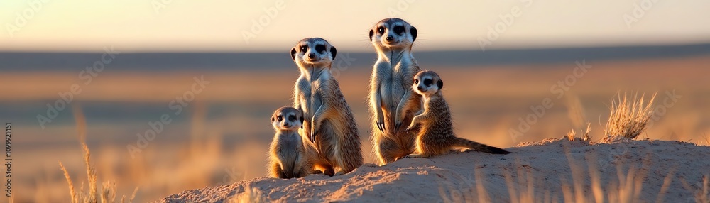 Fototapeta premium A family of meerkats standing upright on a sandy mound