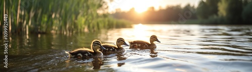 Obraz na płótnie A family of ducks swimming in a calm pond surrounded by reeds w salonie