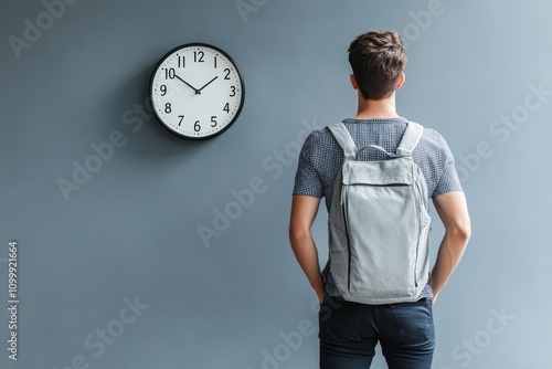 Person Gazing at Clock in Office Setting photo