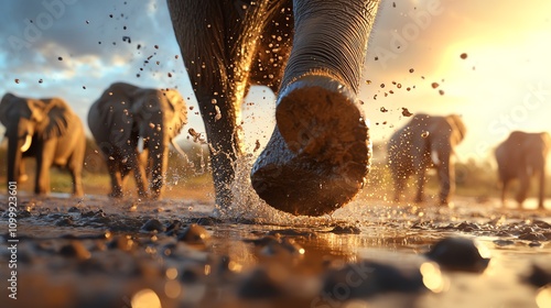 A herd of elephants crossing a muddy river, water splashing around their massive feet