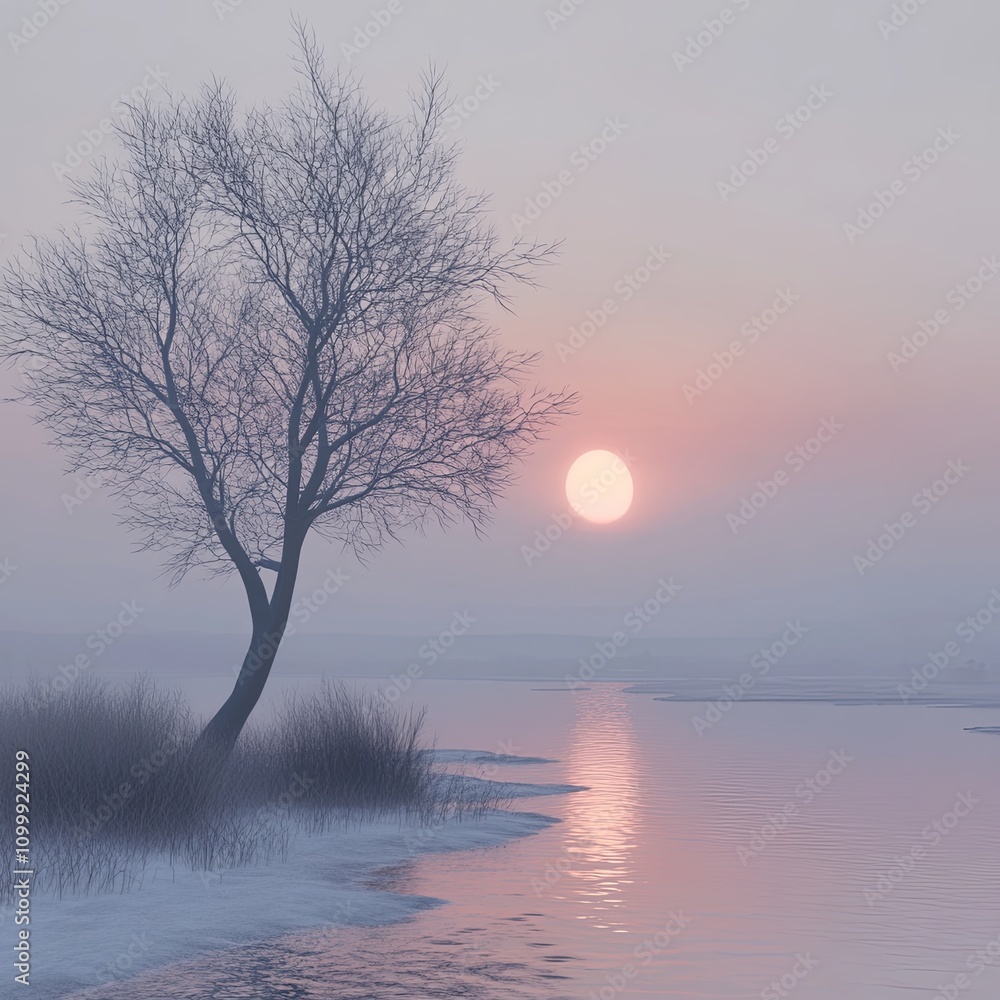 Fototapeta premium Sunrise on a cold and foggy morning