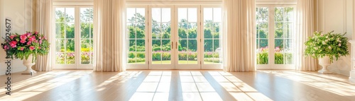 Maisonette with French doors opening to a flower garden, soft shadows, serene and elegant lifestyle