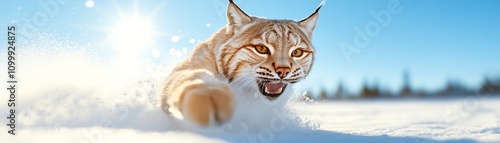 A lynx leaping through deep snow in a remote tundra photo