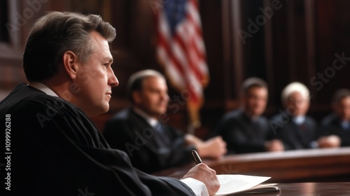 Wallpaper Mural A judge presides over a courtroom, focused on notes while lawyers and court officials are visible in the background, with an American flag displayed. Torontodigital.ca