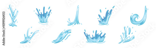 Blue Wave and Water Splash with Droplet Vector Set