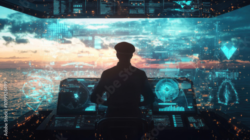 Futuristic Ship Captain Silhouette in Control Room