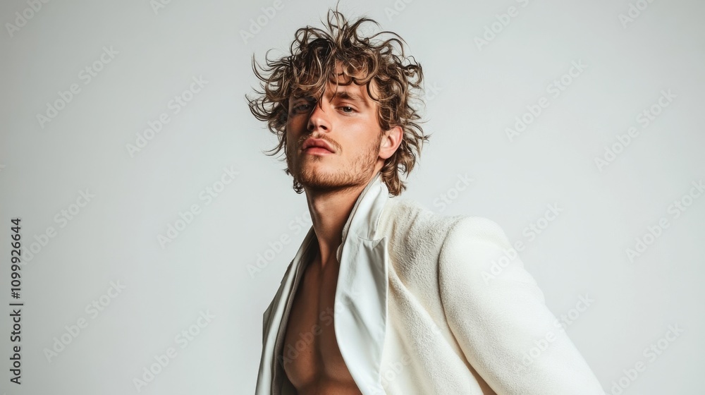 Obraz premium Model poses confidently in stylish attire with tousled hair against a neutral background