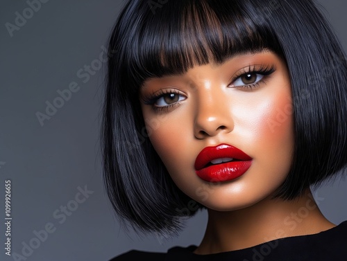 A woman with black hair and red lipstick photo