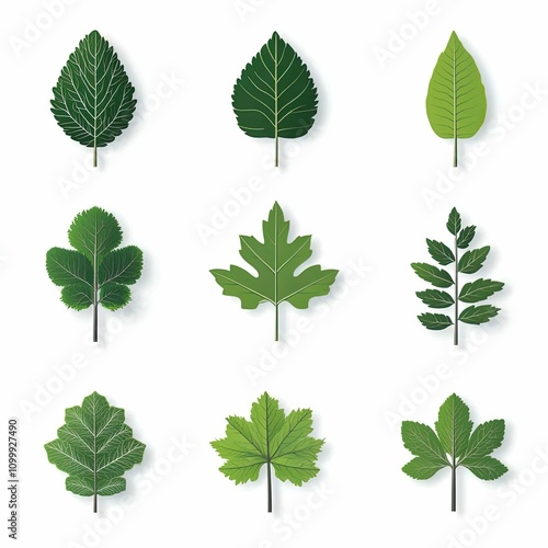 green leaf icons set on white background, vector style