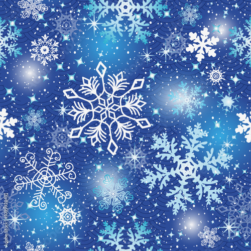 Vector seamless Christmas hand drawn blue pattern with white doodle snowflakes and stars