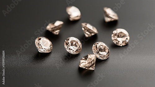 Close-up of multiple round cut gemstones with a champagne hue on a textured dark surface, reflecting light beautifully and showcasing intricate facets and clarity.