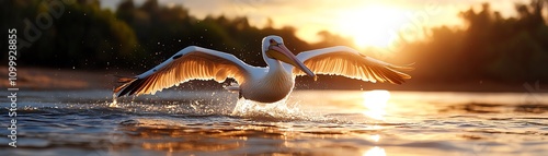 A pelican diving into the water, wings spread wide photo