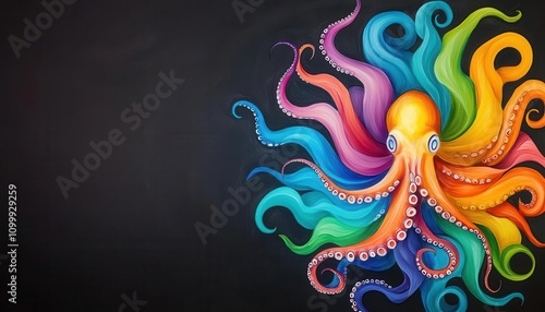 Handdrawn squid with intricate tentacle details, chalkboard seafood artistry, bold and dynamic photo