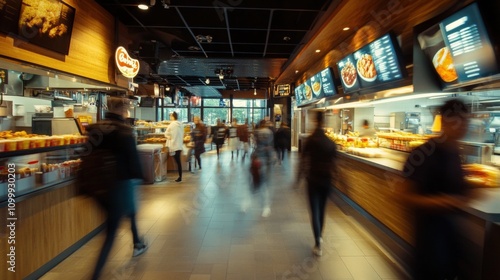 Busy Fast Food Restaurant Interior With Customers