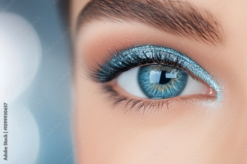 Obraz premium A woman displays her eye with striking turquoise eyeshadow that enhances her natural features