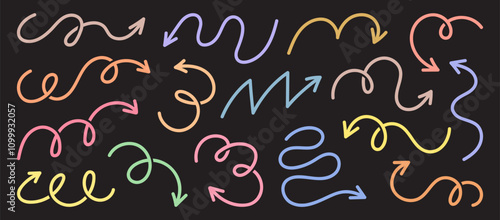 A collection of colourful hand-drawn arrows in swirls and curly form. Design for highlighting content, creating playful designs or enhancing dynamic accents