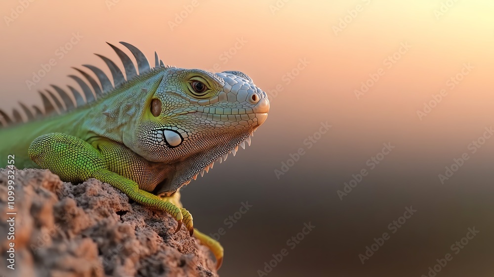 Fototapeta premium A vibrant green iguana sunbathing on a rocky ledge