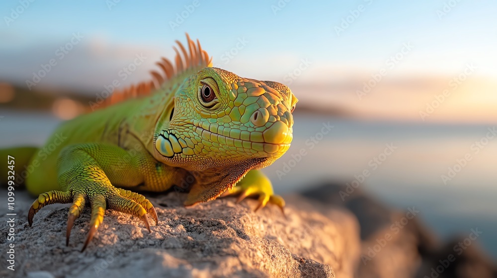 Fototapeta premium A vibrant green iguana sunbathing on a rocky ledge