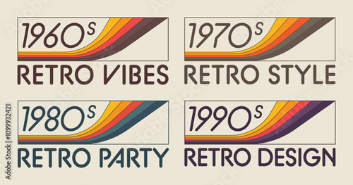 Collection of vintage retro label inspired by 1960s to 1990s aesthetics. Design features colourful wavy elements and bold typography. Can be use for posters, branding and printing