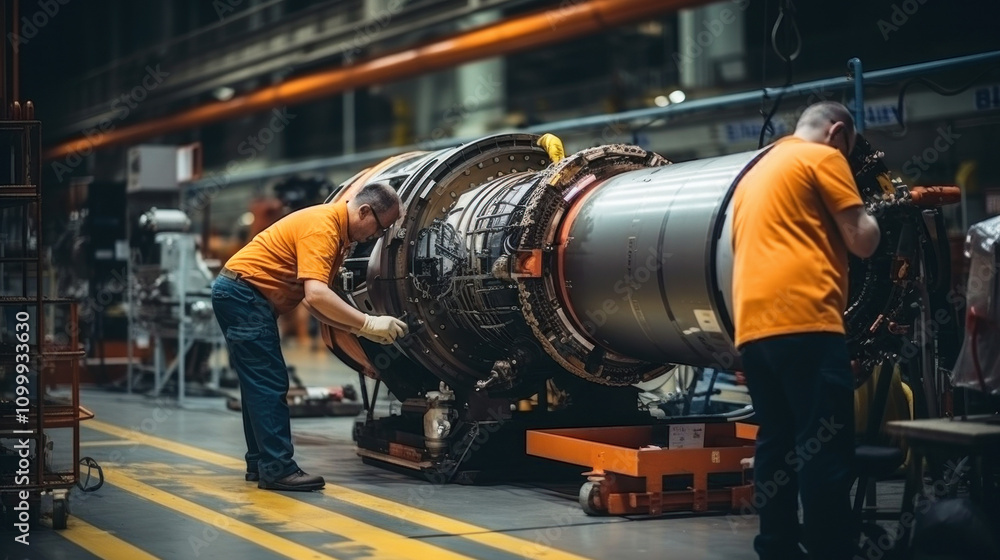 Mechanical engineering equipment being built at factory, product is in assembly shop of plant. Concept of industry, technology, interior, manufacturing, machinery