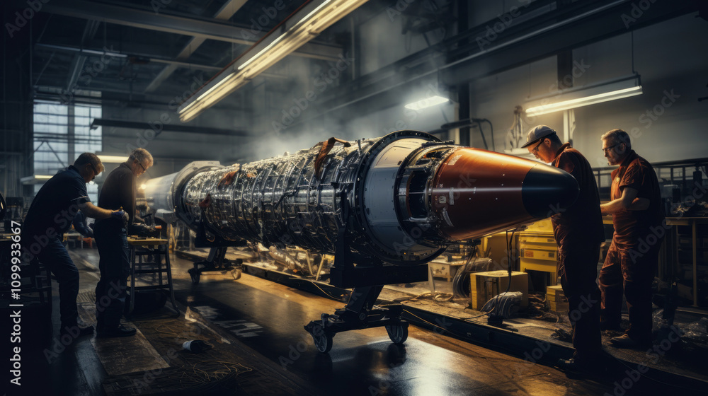 Rocket being built at modern aerospace factory, engineers work in assembly shop of military plant. Concept of industry, technology, manufacturing, missile, machinery.