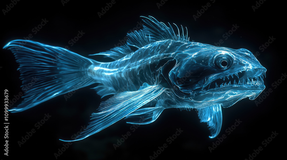 Fototapeta premium Deep sea fish swims in the dark, strange glowing animal with teeth underwater in ocean, concept of marine life, nature, water