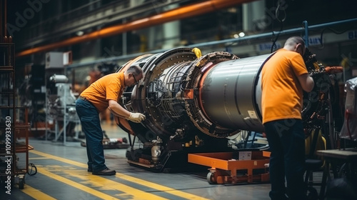 Obraz na płótnie Mechanical engineering equipment being built at factory, product is in assembly shop of plant. Concept of industry, technology, interior, manufacturing, machinery w salonie