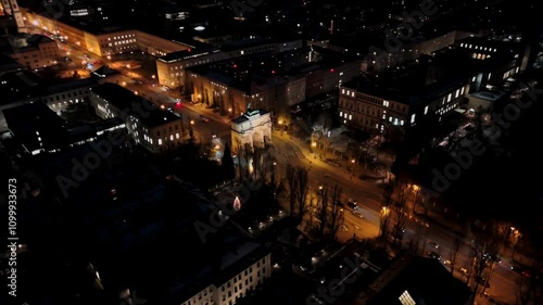 Siegestor Luftaufnahme in Deutschland, Bayern, Munchen. Triumphbogen und Friedensmahnmal an der Universitat Muenchen Luftansicht. Triumphal Arch and Peace Memorial in Munich Siegestor aerial view.  photo