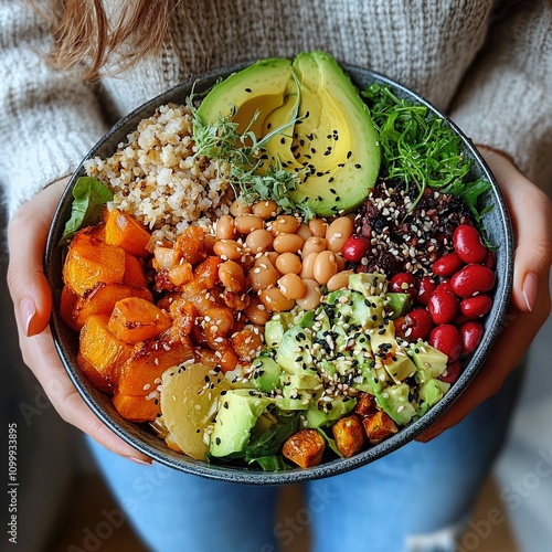 Healthy vegetarian dinner. Woman in jeans and warm sweater holding bowl with fresh salad, avocado, grains, beans, roasted vegetables, close-up. Superfood, clean eating, vegan, dieting food concept