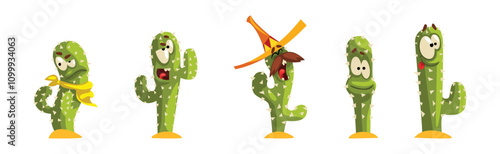 Green Cactus Character with Different Face Emotion Vector Set