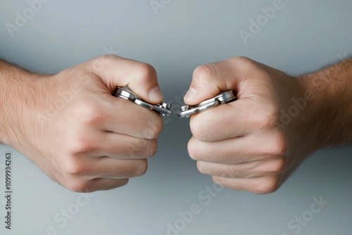 Hands pulling apart a metal chain in a symbolic act of freedom and strength photo